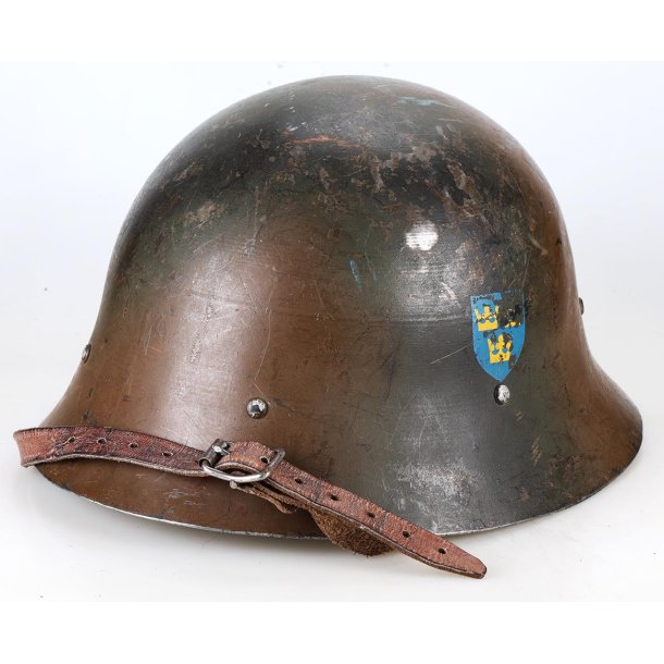 Swedish WW2 m/1926 Steel Helmet with Rare Camouflage paint and "Marin" Coastal Artillery Marking