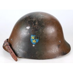 Swedish WW2 m/1926 Steel Helmet with Rare Camouflage paint and "Marin" Coastal Artillery Marking