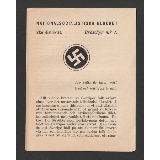 Swedish NS Nationalsocialistiska Blocket leaflet