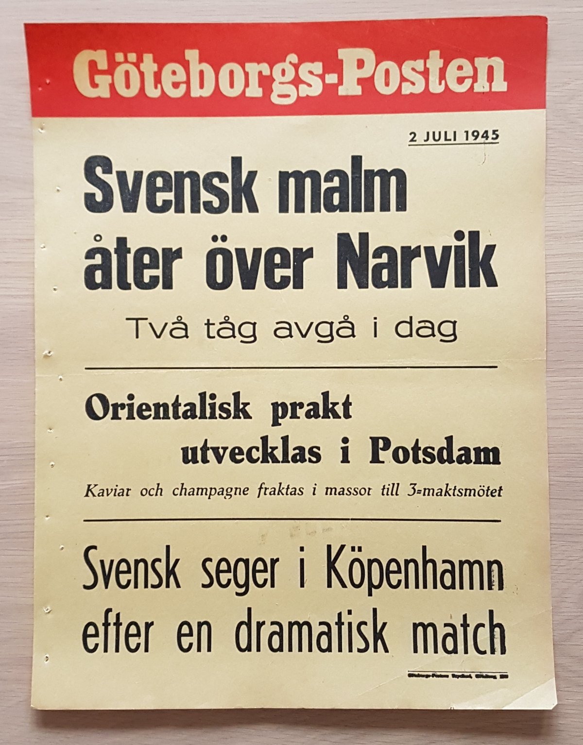 WWII Newspaper Poster July 2, 1945 Sweden