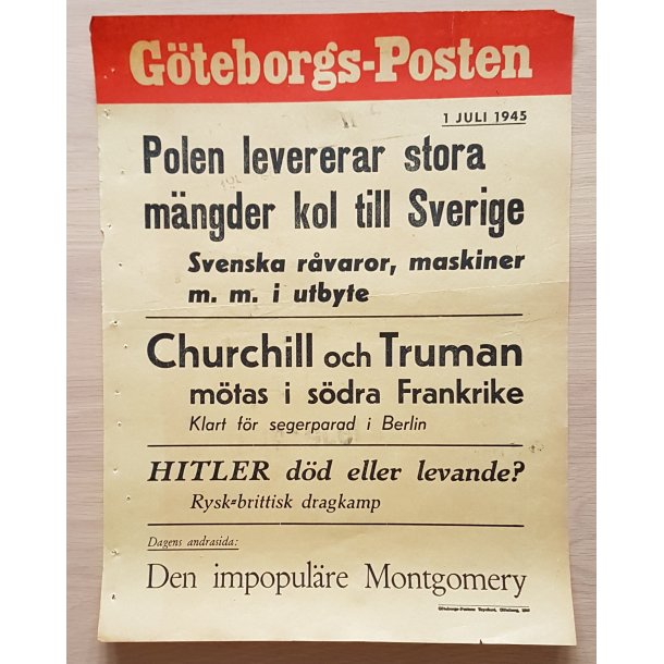 WWII Newspaper Poster - Gteborgs-Posten July 1, 1945
