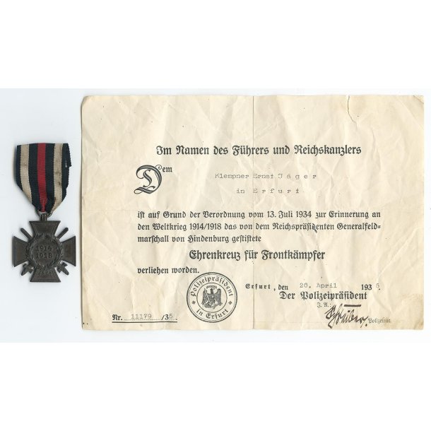 German WW2 Hindenburg cross for Combatants &amp; Award Document
