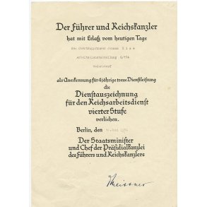 German WW2 RAD 4 year long service award document