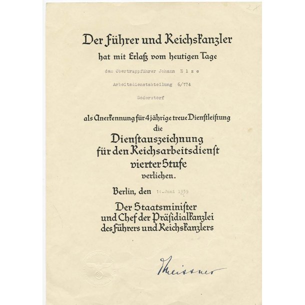 German WW2 RAD 4 year long service award document