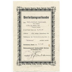 German WW2 Wound badge in black award document - Panzer J�ger