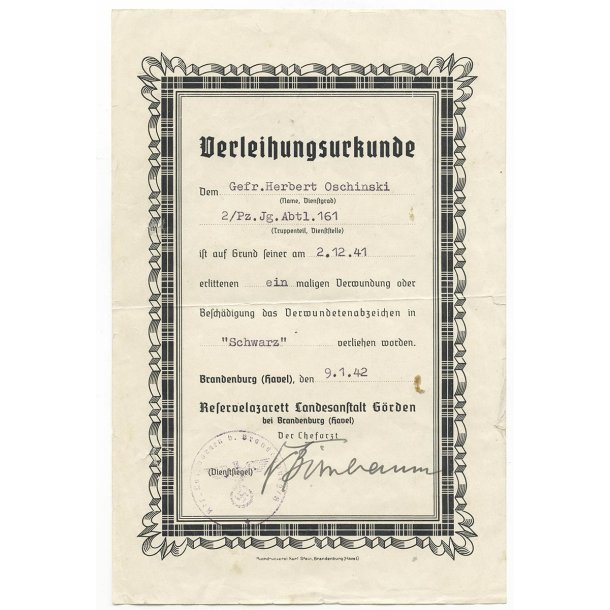 German WW2 Wound badge in black award document - Panzer J�ger
