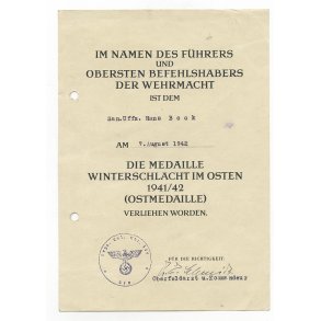 German WW2 Eastern front medal award document