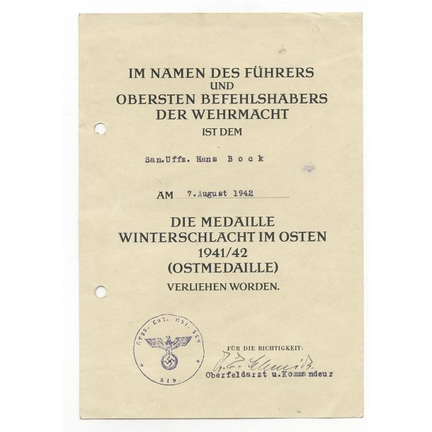 German WW2 Eastern front medal award document