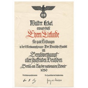 German WW2 HJ Trade competition award document
