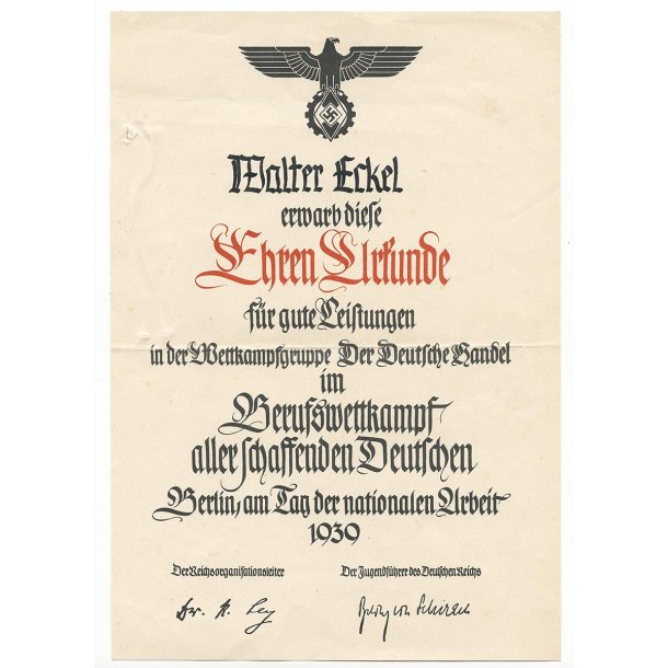 German WW2 HJ Trade competition award document