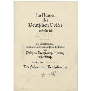 German WW2 Police first class / 25 year service award document