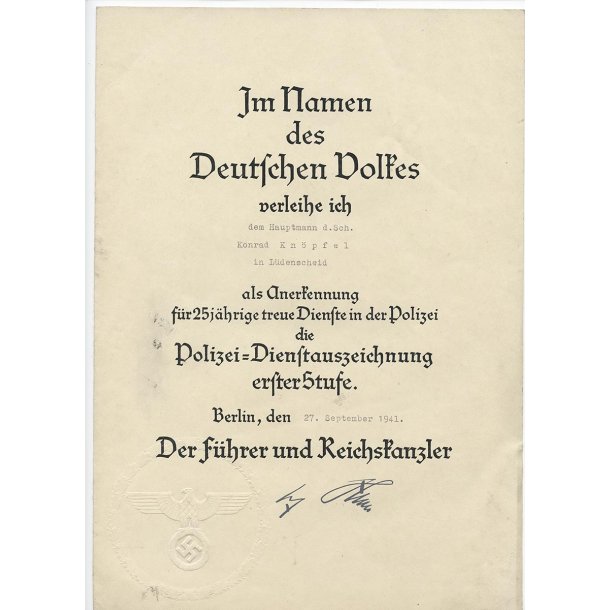German WW2 Police first class / 25 year service award document