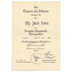 German WWII German Westwall Award Document 'Jakob Erwin'