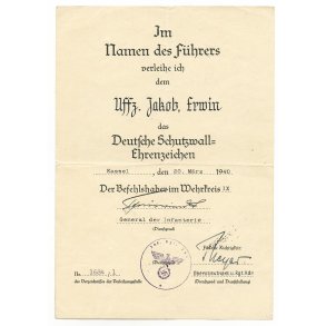 German WWII German Westwall Award Document 'Jakob Erwin'