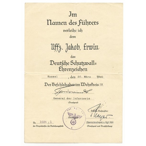 German WWII German Westwall Award Document 'Jakob Erwin'
