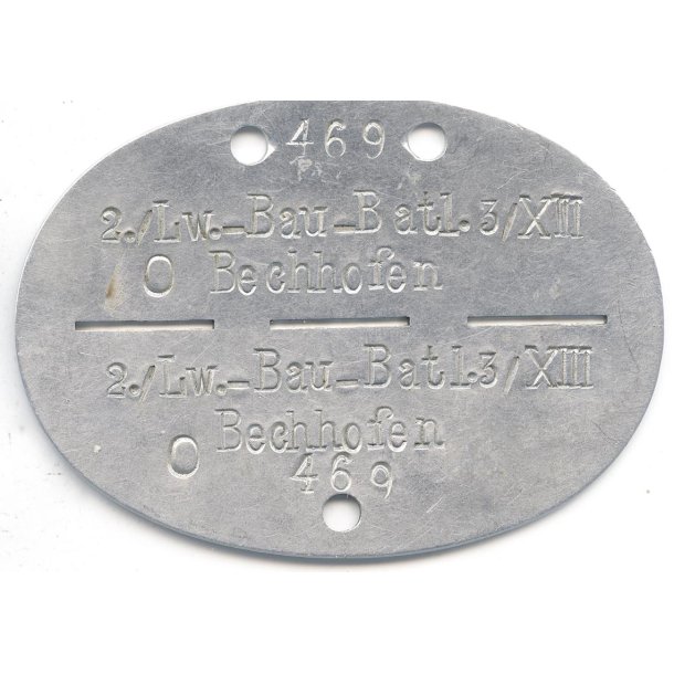 German WW2 Luftwaffe Construction Battalion Dog Tag � 2./Lw.-Bau-Btl. 3/XIII Bechhofen