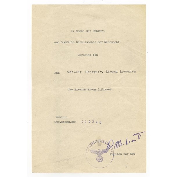 German WW2 Iron Cross award document - Gebirgsj�ger