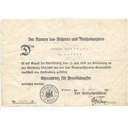 German WW2 Hindenburg cross for Combatants &amp; Award Document