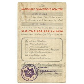 German WW2 1936 Berlin Summer Olympics ID Card  � German Footballer Willi Sold 