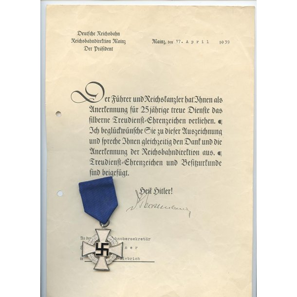 German WW2 25 years faithful service award document and cross "Paul Wagner"