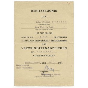 German WW2 Wound badge in black award document - Issued March 1945