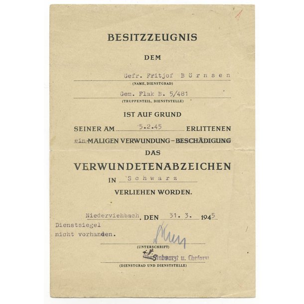German WW2 Wound badge in black award document - Issued March 1945