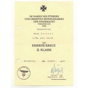 German WW2 Iron cross 2nd class award document - 26th Panzer division