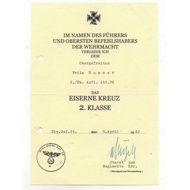 German WW2 Iron cross 2nd class award document - 26th Panzer division