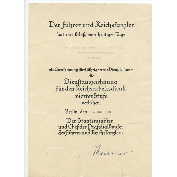 German WW2 RAD 4 year long service award document