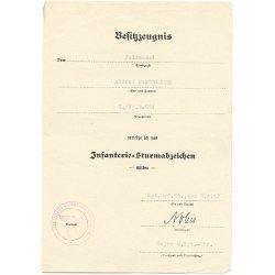 Infantry Assault badge award document 'Feldwebel Alfred Farnbacher, 9./Jger regiment 204'