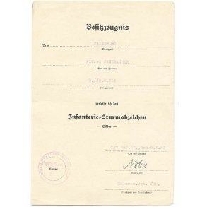Infantry Assault badge award document 'Feldwebel Alfred Farnbacher, 9./Jger regiment 204'