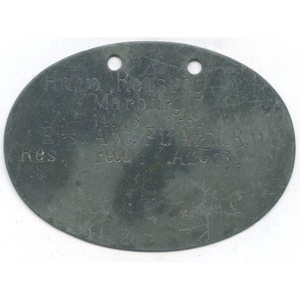 German WW1 Field artillery dog tag "Hugo Reising"