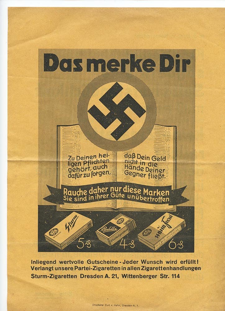 sturm cigarettes NSDAP 1932/1933 fund raising flyer/ad 'Sturm Cigarette' - German WW2  Kampfzeit propaganda collection