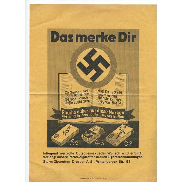 NSDAP 1932/1933 fund raising flyer/ad 'Sturm Cigarette'